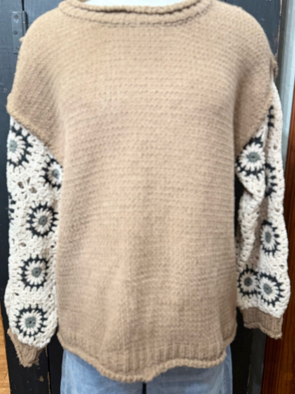 POL Clothing Chenille Knit Pullover Sweater with Handmade Crochet Granny Square